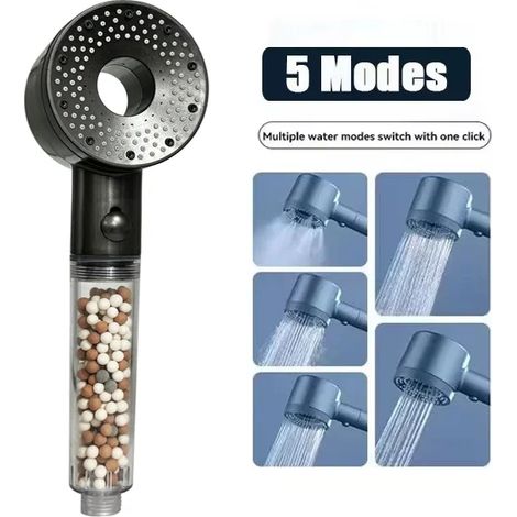 Pommeau de douche massant spa Booster (Gris b) 5 modes réglables, haute pression, économie d'eau, filtre portable, accessoires de salle de bain (1/5)