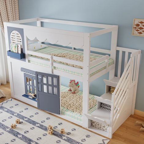 Lit mezzanine enfant 90x200 cm cabane, escalier rangement, porte et fenêtres ouvrantes, garde-corps, rangement - Blanc et bleu (1/5)