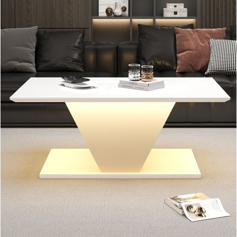 Mesa de centro 100x50x46 cm blanca en tablero de partículas con acabado brillante, LED y diseño en V (1/5)