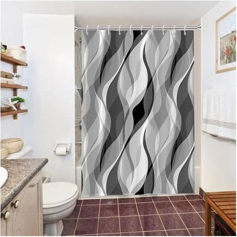 Rideau de Douche Anti-Moisissure 180x220 cm - Polyester Imperméable et Lavable, Motif Rayé Noir Abstrait sur Fond Gris Clair, avec 10 Crochets (1/4)