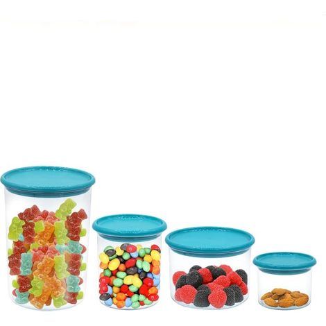 Set 4 Barattoli in plastica Contenitori per alimenti rotondi da 160ml, 250ml, 500ml,1L Milleusi Trasparente Contenitore Multiuso Rotondo con Coperchio ermetico - Turchese (1/5)