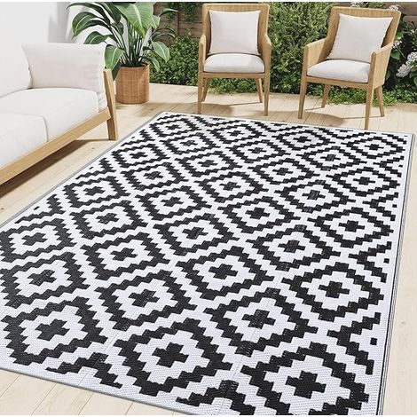 Rug Waterproof UV Resistant Reversible with Plastic Straw for Balcony Camping Picnic Garden 120 x 180 cm Black White (1/5)