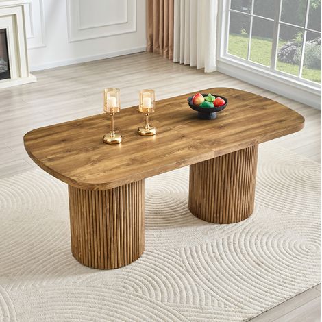 Tavolo da pranzo ovale per 6-8 persone, gambe scanalate, per cucina/soggiorno, MDF effetto legno naturale (1/5)