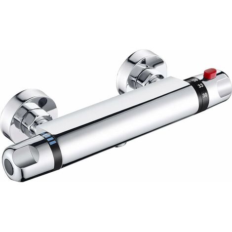 Miscelatore termostatico per doccia, rubinetto termostatico per doccia a parete con pulsante antiscottatura di sicurezza a 38°C, miscelatore per doccia, interasse 150 mm, cromato (1/5)