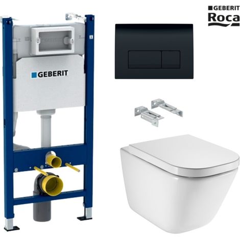 Bastidor empotrado GEBERIT pack cisterna y pulsador Delta 50 negro br con inodoro suspendido ROCA The Gap Rimless
