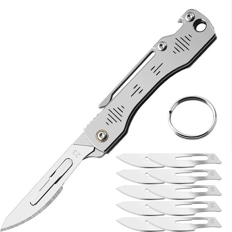 Couteau pliant scalpel avec 10 lames interchangeables, mini couteau de poche EDC, argent (1/5)