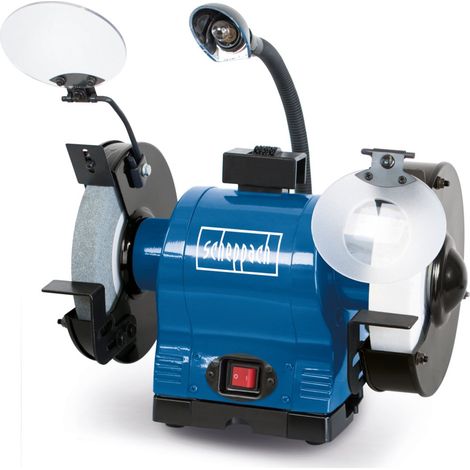Doppelschleifer BG200AL Scheppach mit Induktionsmotor und Arbeitslampe 230V 550W - Ø200 mm Stein K60 / K100 Funkenschutz Werkstückauflage & Schleifsteinabrichter int. Wasserbehälter
