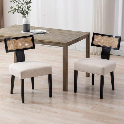 Esszimmerstühle 2er Set Leinen mit Rattan Rückenlehne Vintage Holz Polsterstuhl Schwarz (1/5)