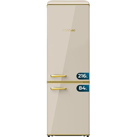 Cecotec Kühlschrank Combi 2 Tür Retro de 300 L Bolero CoolMarket Combi Origin 300 Beige E. Höhe 191,5 cm und 60 de Breite, Control de Temperatur, Chrom Griff und Tabletts de Glas, Beige