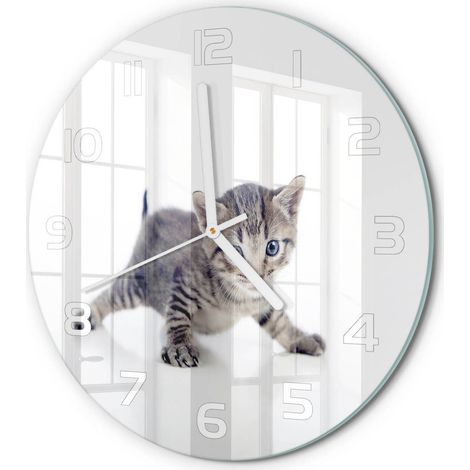 Horloge Murale Ronde Sans Cadre en Verre Trempé Silencieuse et Moderne Petit chat fi 30 cm (1/5)