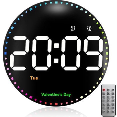 Horloge Murale Numérique, 25 cm Grande Horloge Numérique 12/24H 7 Couleurs Luminosité Réglable Horloge Murale Horloge Numérique avec Minuterie Compte à Rebours Date Et 2 Alarmes pour Salon, Gym (1/5)