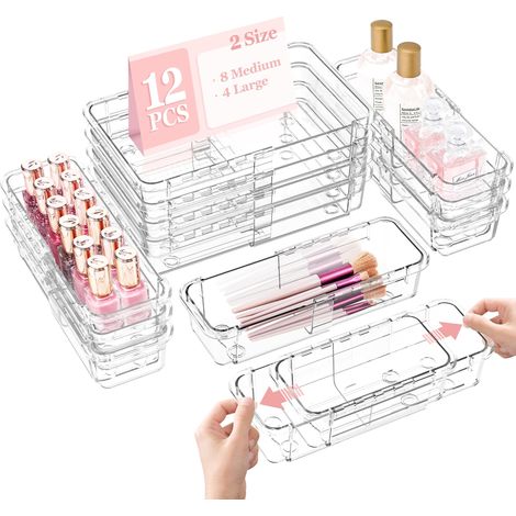 Lot de 12 organiseurs de tiroir extensibles transparents réglables en plastique antidérapant pour maquillage, cosmétiques, bijoux, ustensiles, papeterie, commodes (1/5)