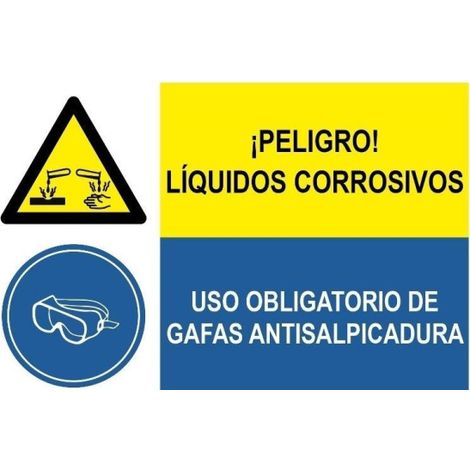 Peligro líquidos corrosivos Uso obligatorio de gafas antisalpicadura, señal combinada SEKURECO                 PVC Blanco 0.7 mm