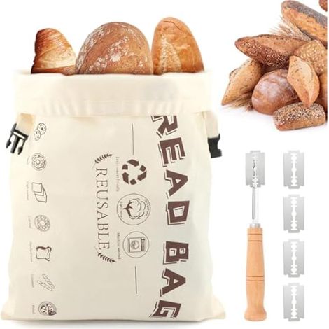 Saycker Sacs à pain pour pain fait maison, sac à pain réutilisable, 30,5 x 43,2 cm, avec 1 cutter Bre ad et 5 lames, fournitures de cuisson au levain B, sac de rangement pour congélateur, récipient de (1/5)