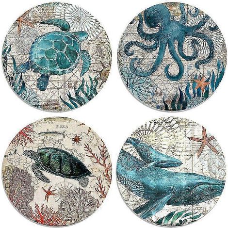 Sous-verres absorbants 4 pièces avec support (thème vie marine) 2025 (1/5)