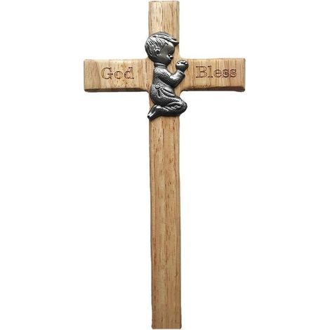 Holzkreuz „Kleiner Junge im Gebet“ – Seligpreisungskreuz aus Holz für Weihnachts- und Taufdekorationen – Handgefertigtes Modell mit Harzfigur für Kinderzimmer (20 x 10 x 1,2 cm, individuell anpassbar) (1/5)