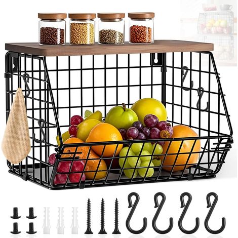 Stockage de légumes et de fruits, étagère de fruits empilable avec couvercle en bois, étagère de comptoir de cuisine, panier de rangement mural pour collations de pain et de légumes