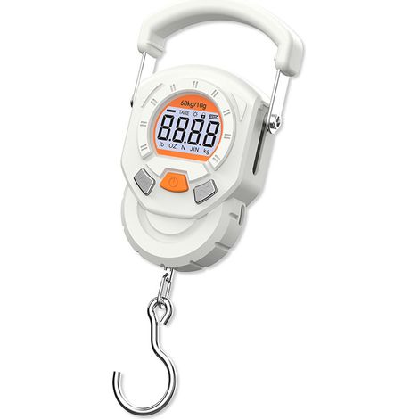 Tragbare digitale Gepäckwaage, 60 kg/132 lb Tragkraft, 10 g Genauigkeit, duale Stromversorgung (Akku und Batterien optional), mit LCD-Bildschirm und akustischem Signal, geeignet für Reisen, Angeln und