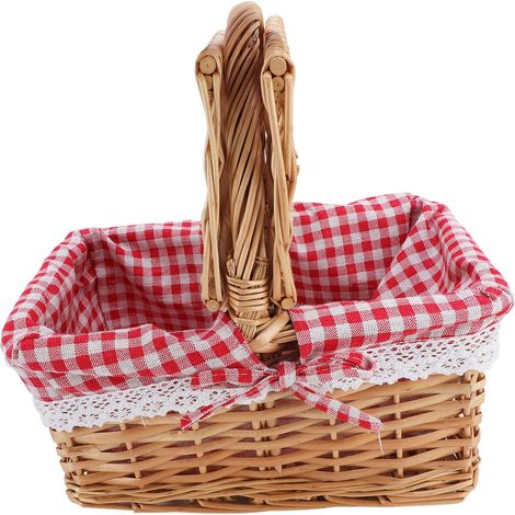 Picknickkorb aus Weide mit Griff am Deckel, herausnehmbarem Einsatz, multifunktional, ideal zum Sammeln von Blumen, Obst und Gemüse, mit rotem Karomuster. (1/5)
