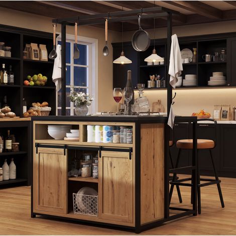 MEUBLIV meuble îlot de cuisine 107x62x183 cm bois/noir – avec prises (1/5)