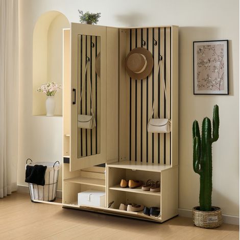 Flurgarderobe 59,5 x 44 x 179,5 cm MDF Holzoptik mit Spiegel und Bank – MEUBLIV (1/5)