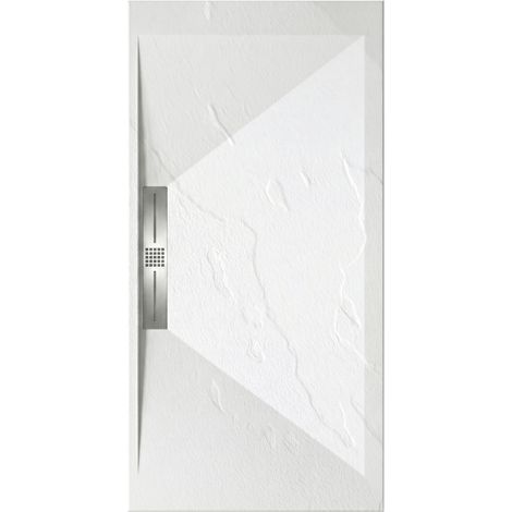 Mineralguss-Duschwanne extra flach EDIS Schieferoptik WEIß 80x160 cm Ablaufschutz in Chrom