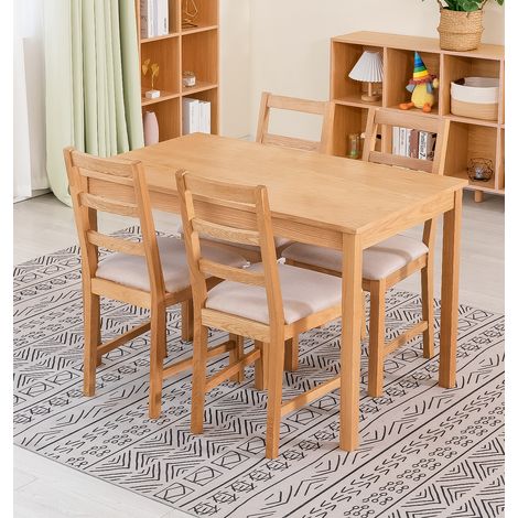 Hallowood Furniture Waverly Oak Small Dining Table and Chairs Set 4, Rectangular Solid Oak Kitchen Table and Chairs with Ladder Back and Beige Fabric Padded Seats for Home and Café (1/5)