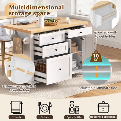 Îlot de cuisine mobile, avec des roulettes et un bureau qui peut être déplacé. Meuble de cuisine doté de tiroirs multifonctionnels. Idéal pour les cuisines et les salons de repas. Couleur blanche. (1/5)