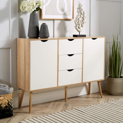 Sideboard Oak White Storage Cabinet 2 Door 3 Drawer Cupboard Solid Wood Legs (1/5)