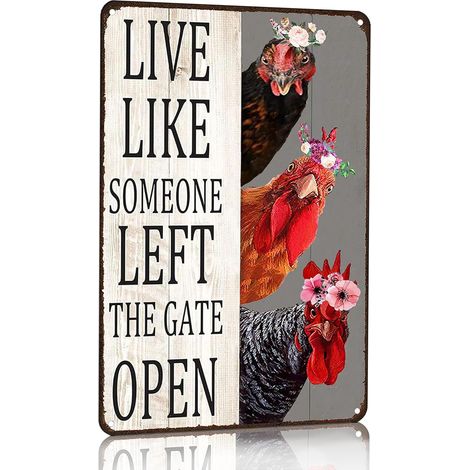 Chiken Gifts Vintage Chicken Decor Sign Live Like Someone Left The Gate Open Tin Sign for Home Chicken Coop Farm Fence Kitchen Bathroom Bedroom Wall Decor 8x12 Inches (1/5)