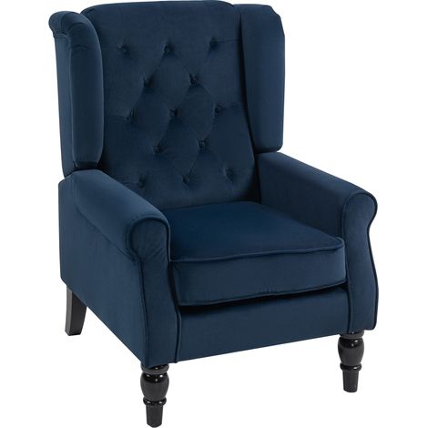 Fauteuil de salon capitonné assise large, pieds bois style classique grand confort, 74x86x102cm, bleu foncé (1/4)