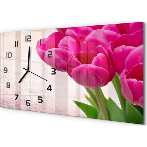 Horloge Murale Originale 60x30 cm Verre Trempé Cadeau Maison Moderne Tulipes roses (1/5)