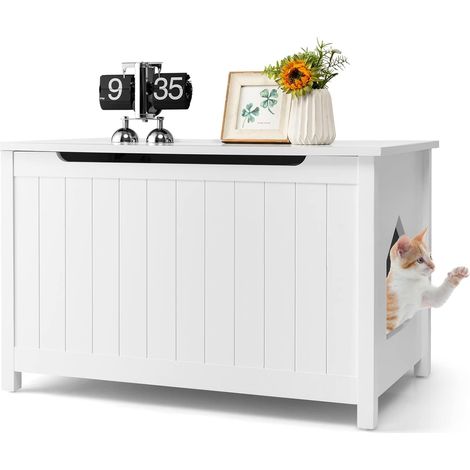 COSTWAY Katzenhaus Katzenklo Schrank, Katzenhoehle mit Eingang & Klappdeckel, Haustierbox mit Abnehmbarer Trennwand & 2 Haken, Katzentoilette & Beistelltisch & Katzenschrank, Weiss (1/5)