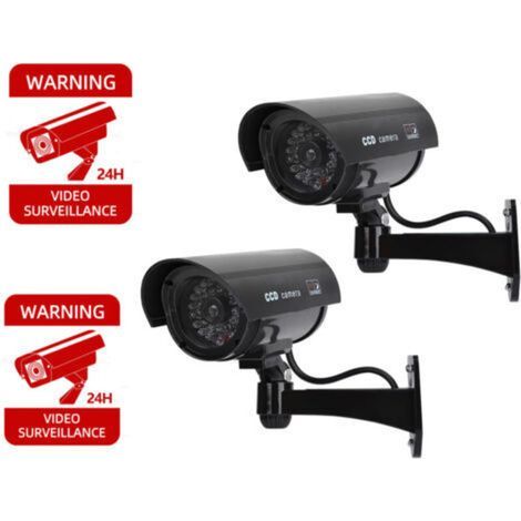 2 caméras virtuelles extérieures avec LED, fausses caméras de sécurité extérieures noires + panneaux de sécurité de vidéosurveillance (1/5)