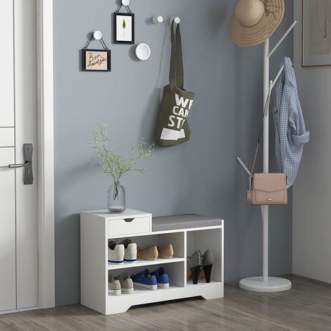 Schuhschrank und Sitzbank mit 1 Schublade und 3 Fächern, Kapazität für 5 Paar Schuhe, MDF, 76,5 cm (L) x 30 cm (T) x 52 cm (H) (1/5)