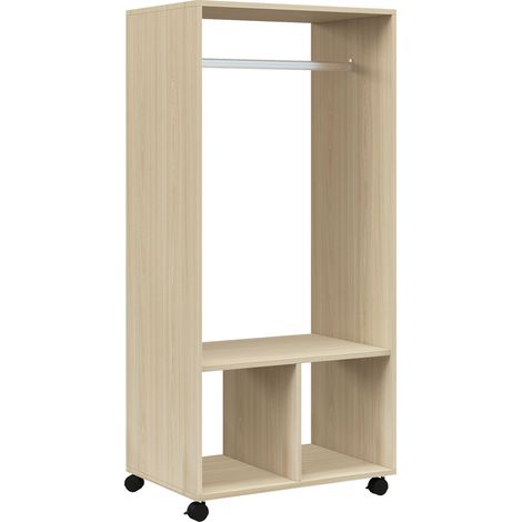 Armoire avec penderie et étagères 2 compartiments, 4 roues pivotantes, dimensions 60x40x128 cm, bois naturel (1/5)