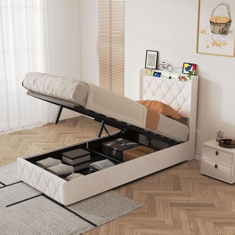 Lit Simple 90x200 cm avec LED RGB - Chargeur USB Type-C - Lit Coffre Velours Beige - Tête de Lit Capitonnée Design - Sommier Inclus (1/5)