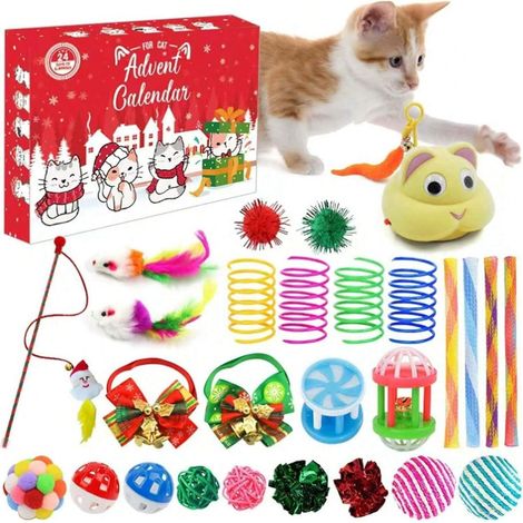 Überraschungs-Adventskalender für Katzen, 24-tägiger Countdown bis Weihnachten, täglich neue Spielzeuge wie Maus, Feder oder Glöckchen, interaktives Geschenkset für Kätzchen, Weihnachtsgeschenk für Ha