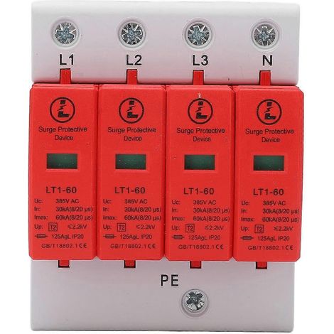 Dispositif de protection contre les surtensions à 4 pôles, boîtier ignifugé, installation facile, parafoudre, 385 V CA, 30 kA à (1/4)