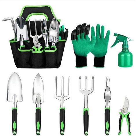 MINKUROW 9 Pezzi Attrezzi da Giardinaggio, Attrezzo da Giardinaggio per Adulti in Acciaio Inossidabile con Manici Ergonomici, Borsa per Il Trasporto, Guanti da Giardinaggio, Annaffiatoio (1/5)
