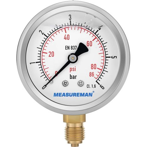 Pressure gauge, Glycerine pressure gauge, 2.5 inches, 0-6 bar, 304 stainless steel housing, 1/4" BSP bottom connection (1/5)