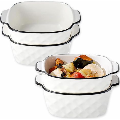 Lot de 4 plats à gratin carrés en céramique, 400 ml, petits, 14,5 x 11,5 x 5,5 cm, avec poignées, petit moule pour Airfryer, four (assiettes carrées en losange) (1/5)