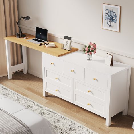 Bureau 7 tiroirs, commode 2-en-1 avec plateau rotatif 360°, établi pivotant et buffet, finition chêne, blanc/naturel, meuble d'angle en L, coiffeuse et espace travail (1/5)