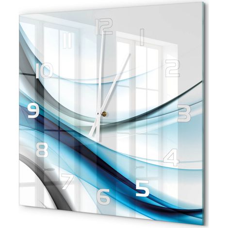 Grande Horloge Murale Carrée Décoration Cuisine en Verre Trempé Silencieuse Moderne Abstraction de vague 60x60 cm (1/5)