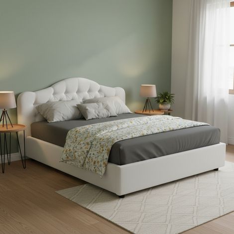 Cama Doble Arex, Desenfundable, con Almacenamiento, Hecho en Italia, Colchón 160x190 cm, Blanco (1/5)