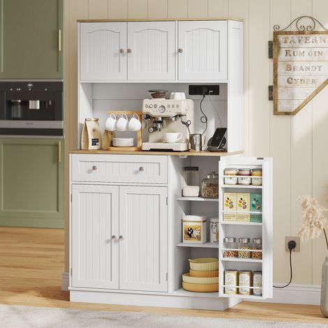 Buffet haut cuisine, armoire de cuisine, station de charge, 6 portes, plan de travail, porte-épices, 100x40x173cm, blanc (1/5)