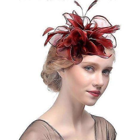 Coiffe à plumes pour femmes et filles avec fleurs, organza, chapeau derby, chapeau Ascot, chapeau élégant pour cocktail/tea party, coiffe avec pinces et bandeau (bordeaux). (1/5)