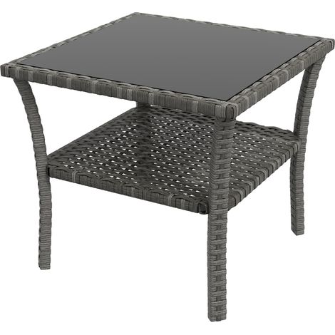 Table jardin polyrotin carrée 4 personnes étagère verre résistante intempéries 50x50x45 cm (1/5)
