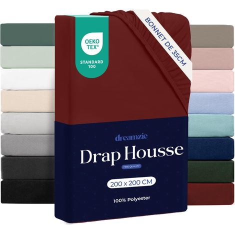Drap Housse 200x200cm Grand Bonnet 35cm Bordeaux (1/5)