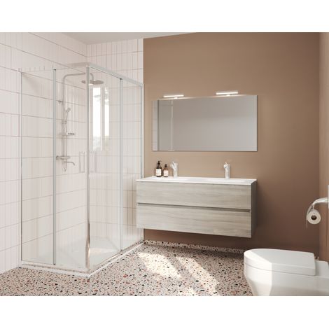 Mueble de baño suspendido de 120 cm en madera de roble gris con lavabo y espejo - Empoli - Con doble espejo y LED